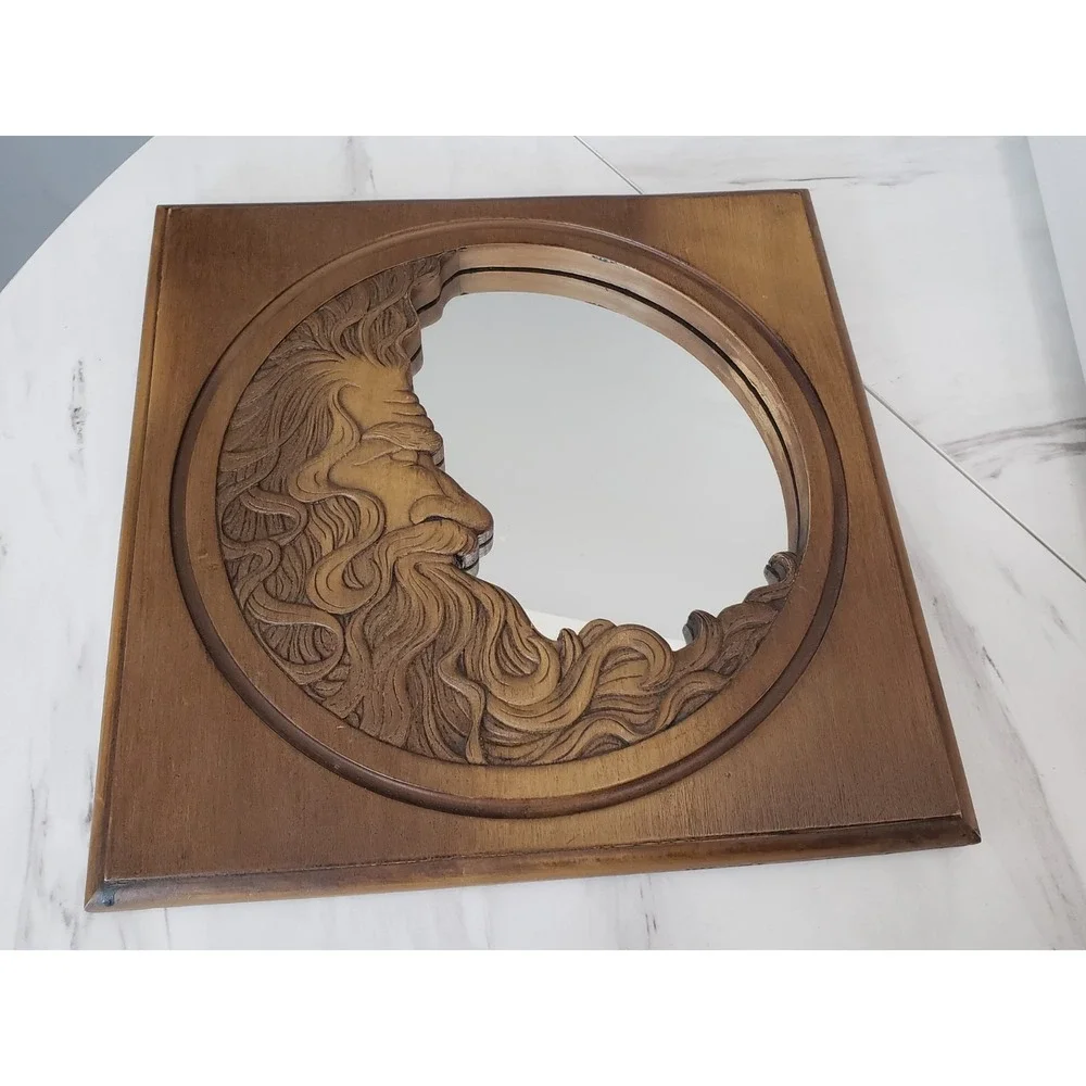 Vintage 1977 Hardin‎ Carved Wooden Crescent Moon Celestial Face Man Wall Mirror